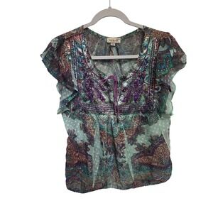 Vintage Y2K One World Paisley Print Embellished Peasant Top Ruffle Sleeve PM‎